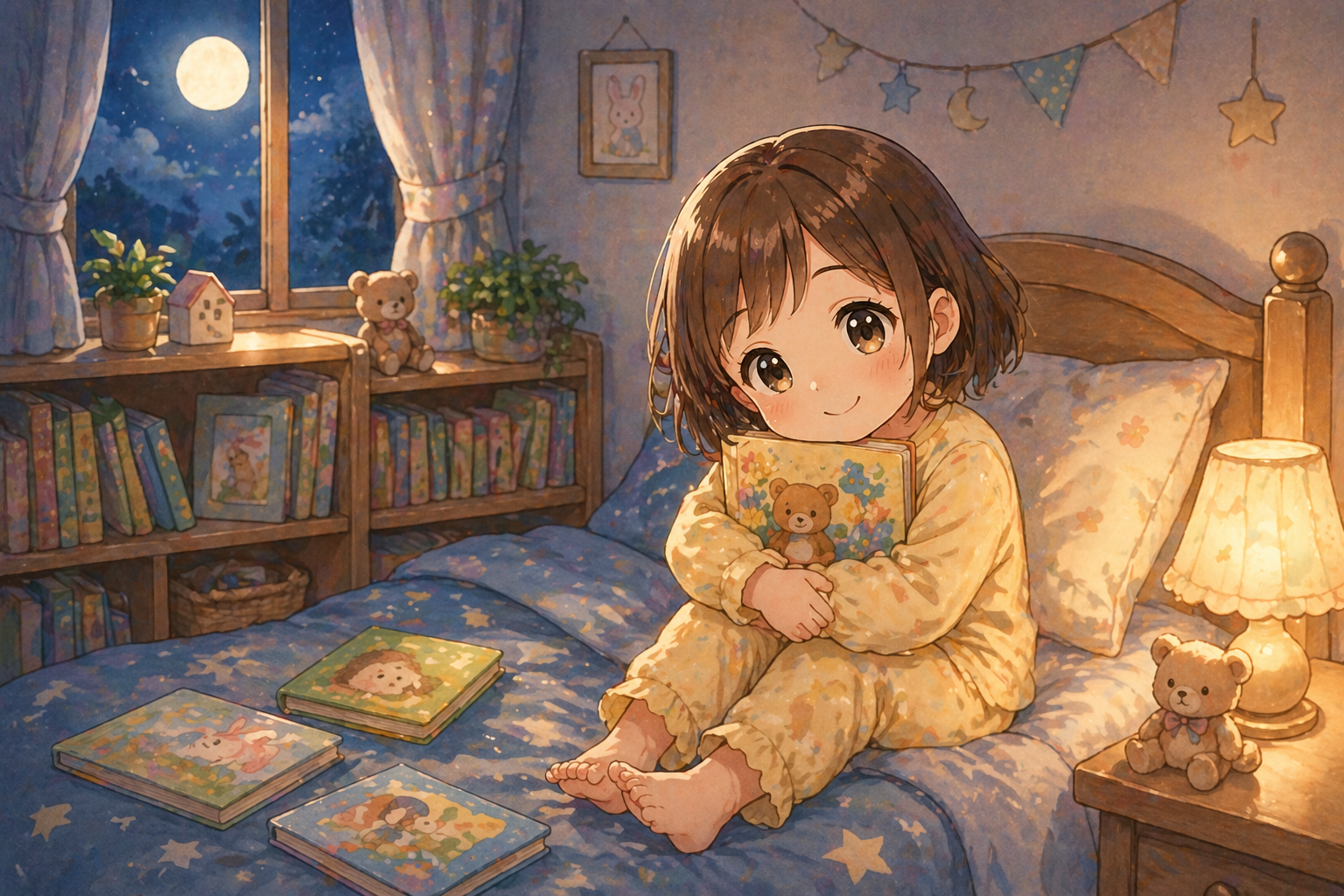 寝る前にベッドで絵本を抱える3歳の女の子のやわらかいイラスト