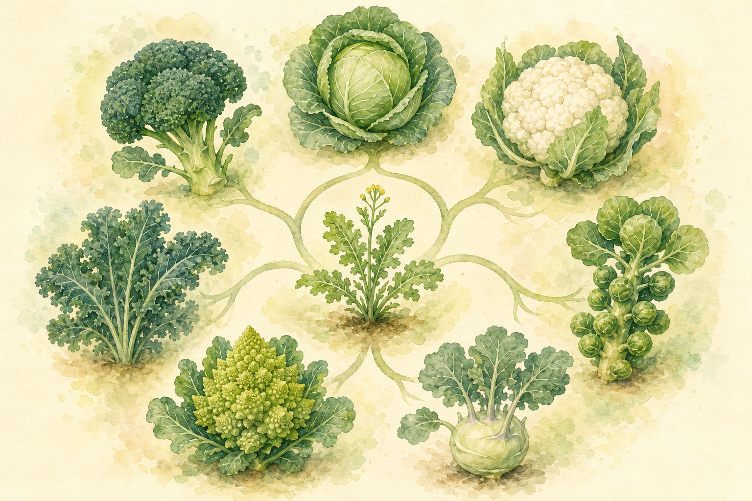 Brassica oleraceaの七変身:ヤセイカンランから分岐したキャベツ・ブロッコリー・カリフラワー・芽キャベツ・ケール・コールラビ・ロマネスコ
