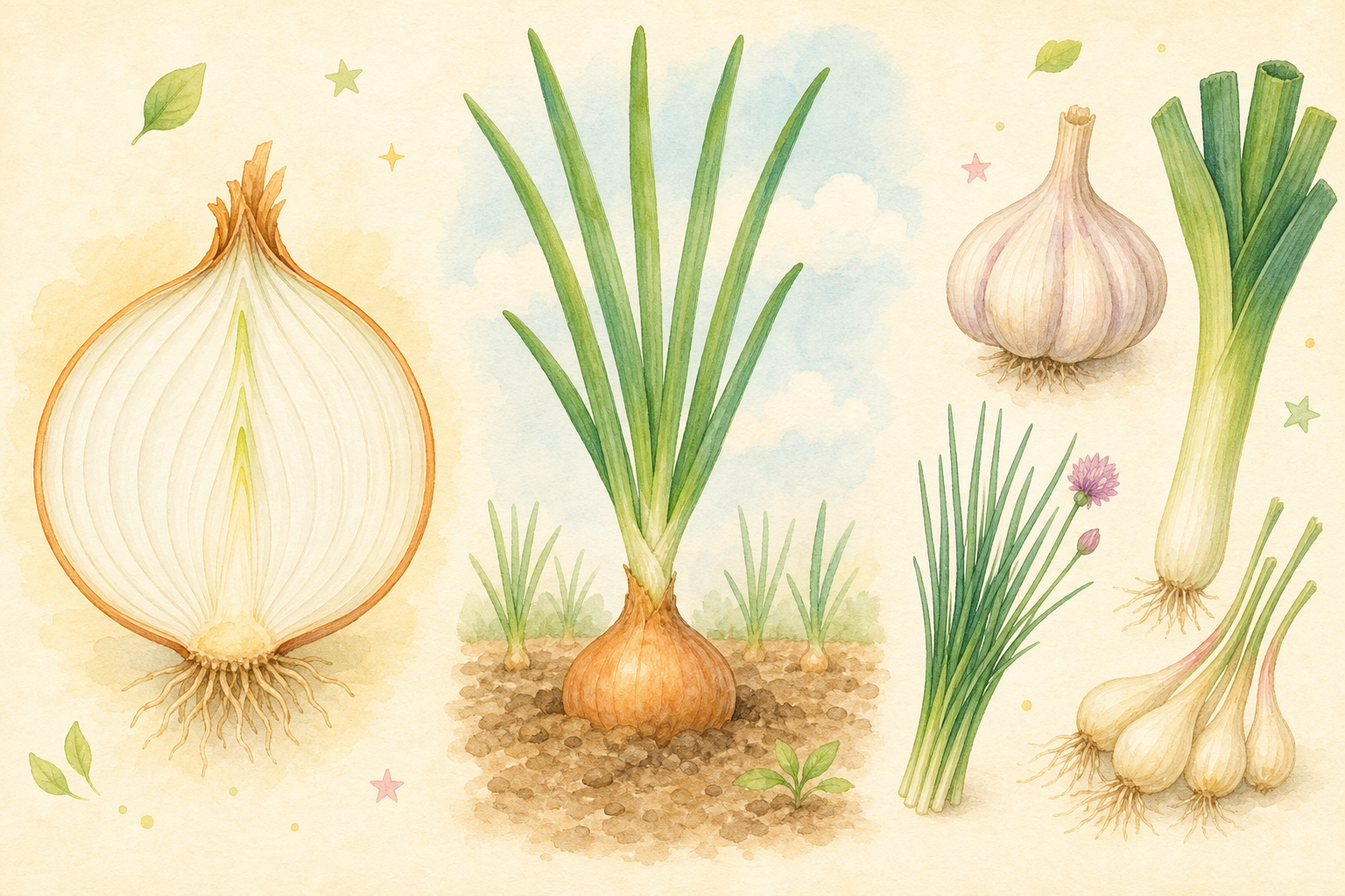 たまねぎの鱗茎構造と植物全体・ヒガンバナ科兄弟野菜