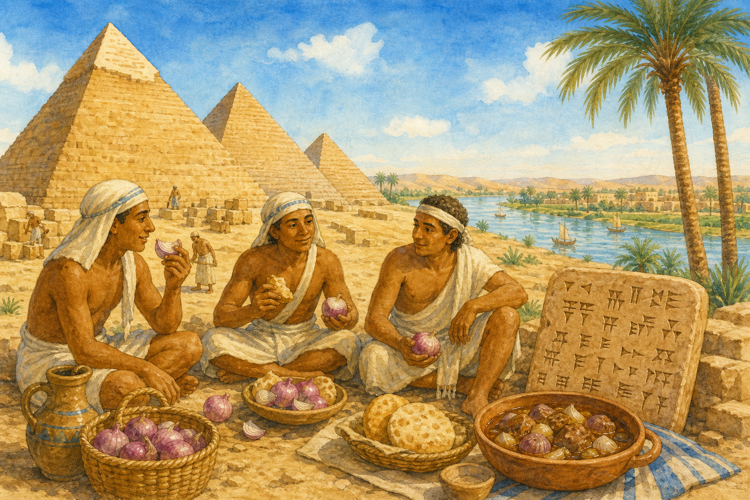 古代エジプトのピラミッド時代、労働者がたまねぎを食べるシーンと世界最古のレシピの粘土板