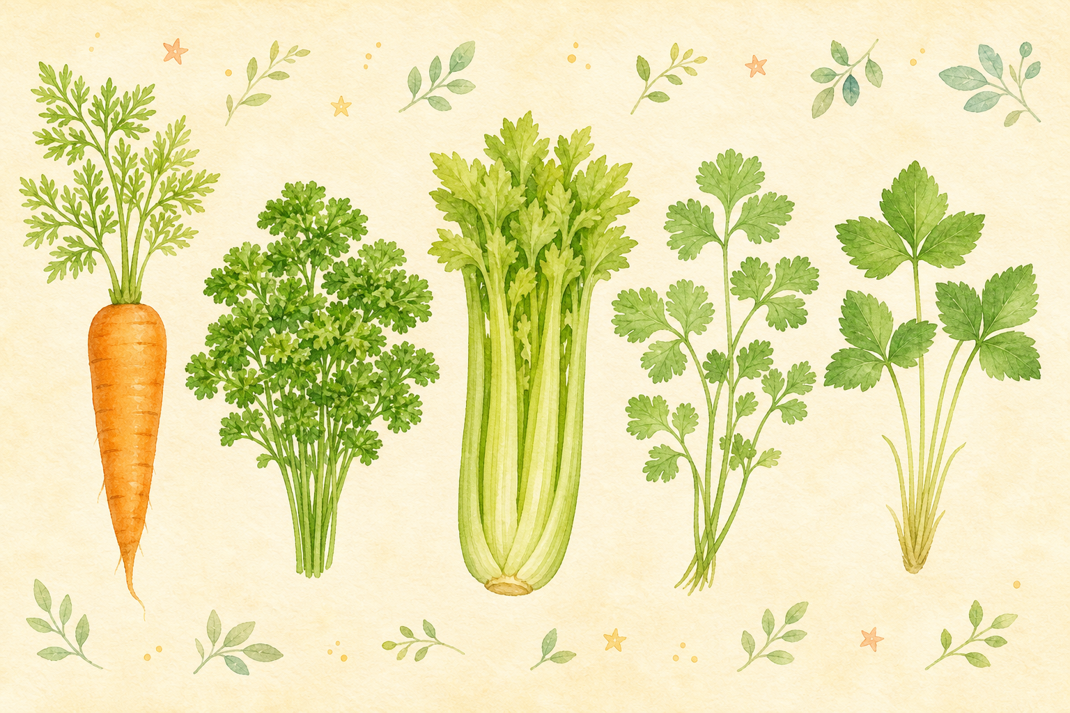 セリ科の野菜たちが横一列に並ぶ集合イラスト