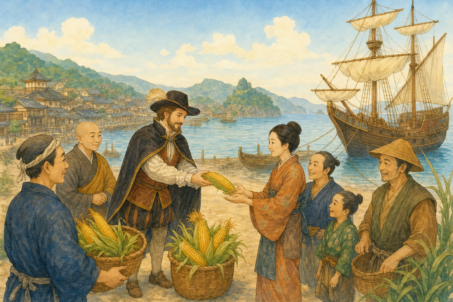 1579年ポルトガル人が長崎にとうもろこしを伝来する歴史的シーン