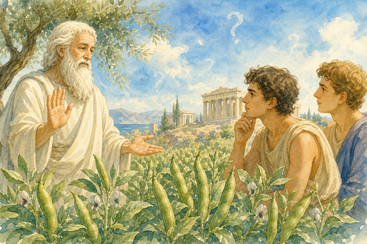 古代ギリシャの哲学者ピタゴラスがそら豆畑の前で弟子に戒律を説くシーン