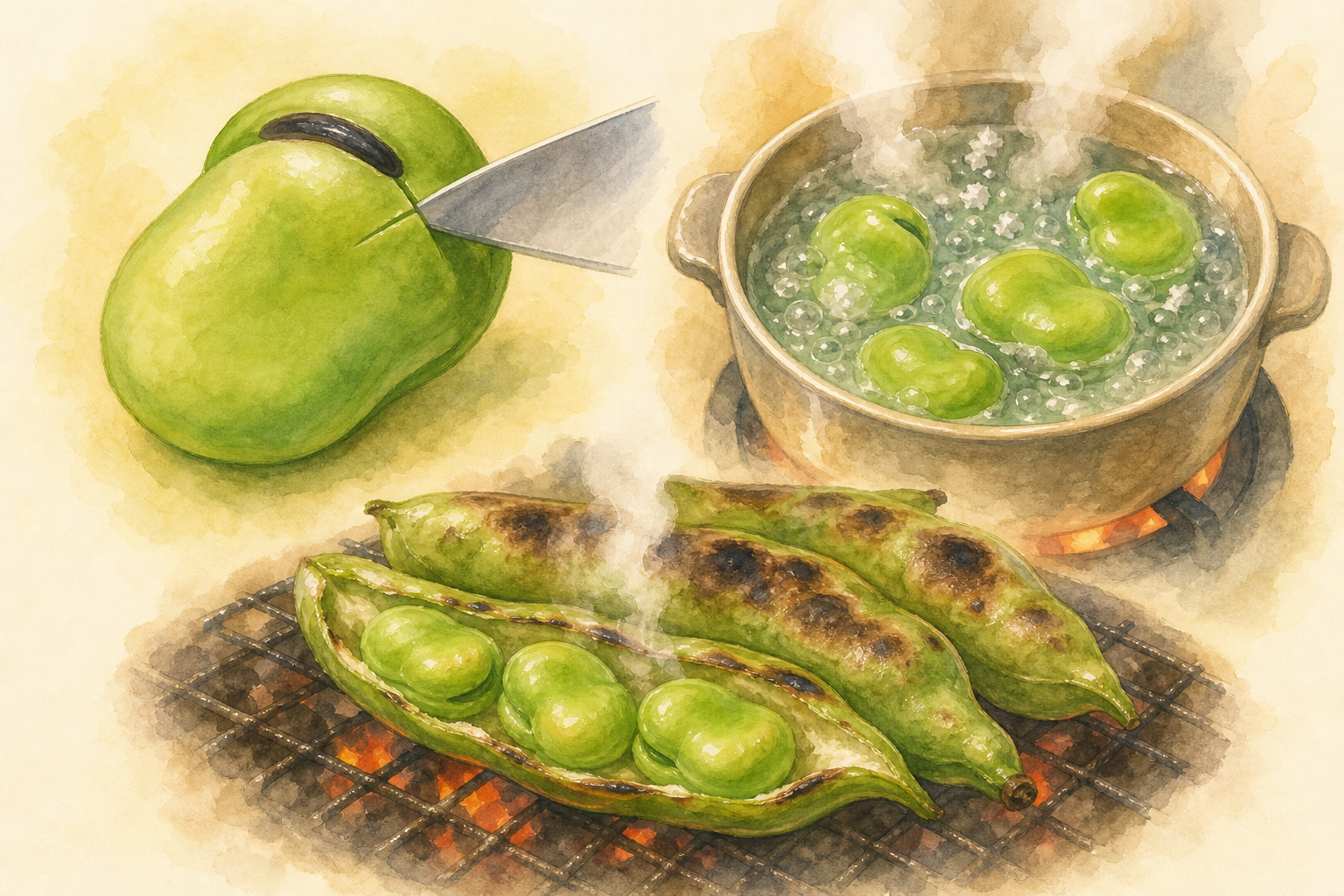 そら豆の美味しい食べ方：お歯黒・塩茹で・さや焼きの3つの方法