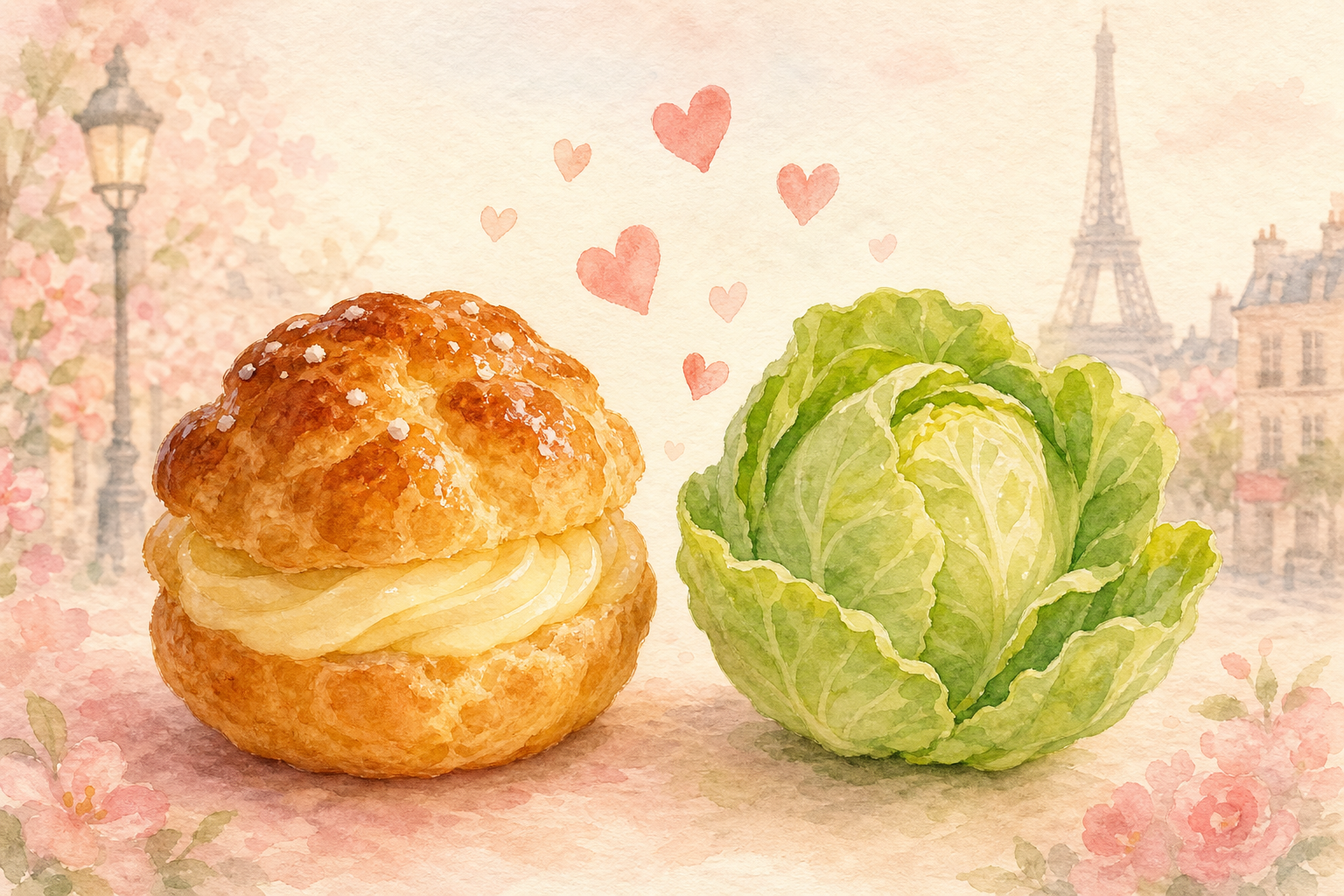 シュークリームとキャベツが並ぶイラスト:「mon petit chou」の語源