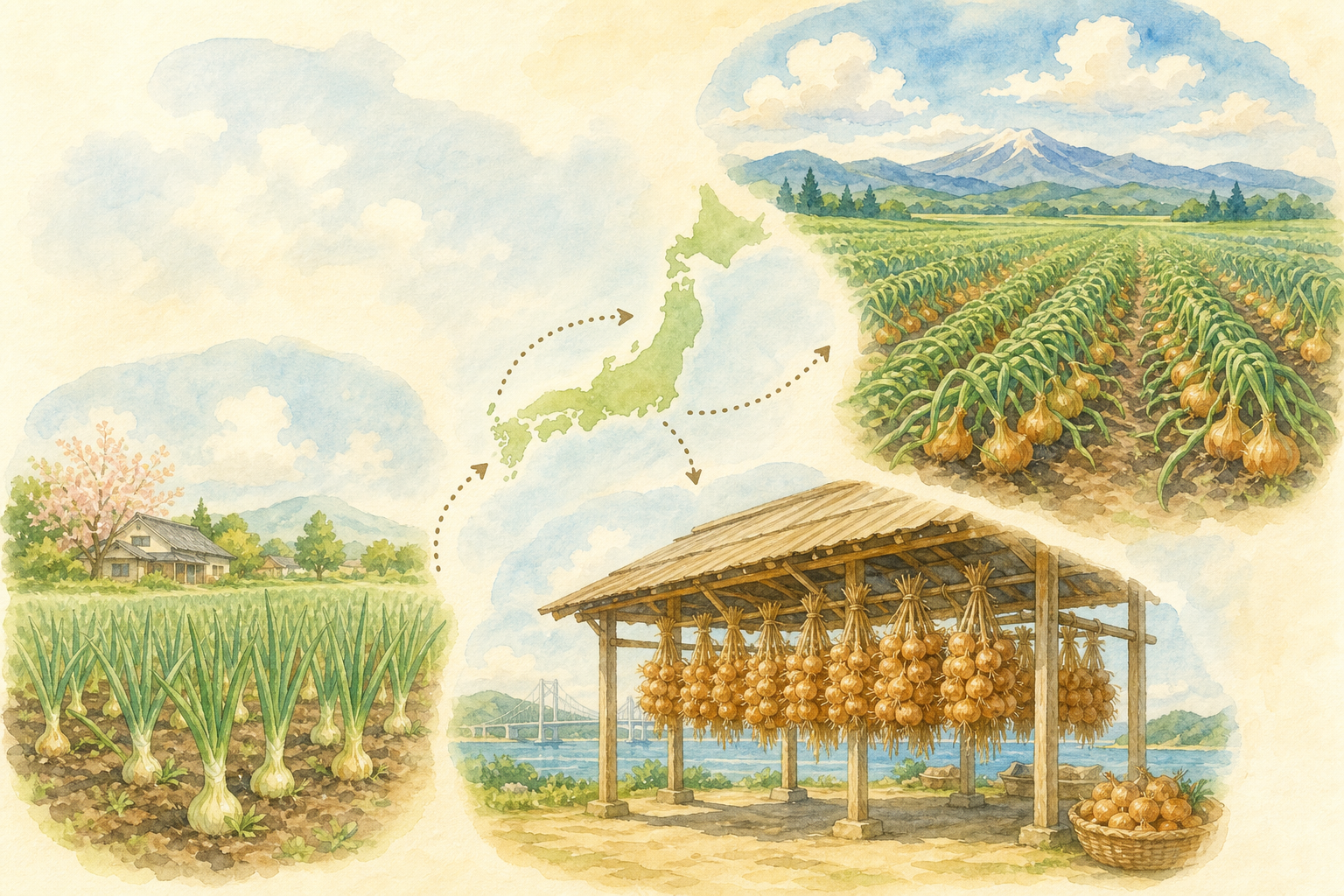 日本のたまねぎ三大産地:北海道・淡路島・佐賀の風景