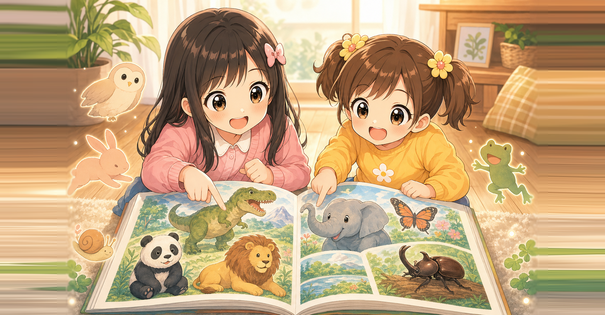 いきものの図鑑カテゴリのアイキャッチ：動物図鑑を子供たちが眺める