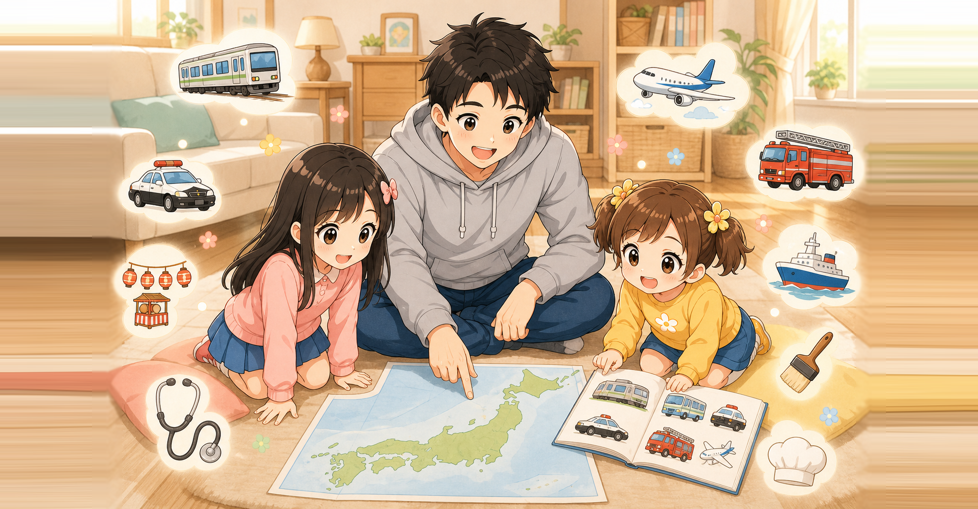 くらしと社会の図鑑カテゴリのアイキャッチ：パパと子供が日本地図と乗り物図鑑