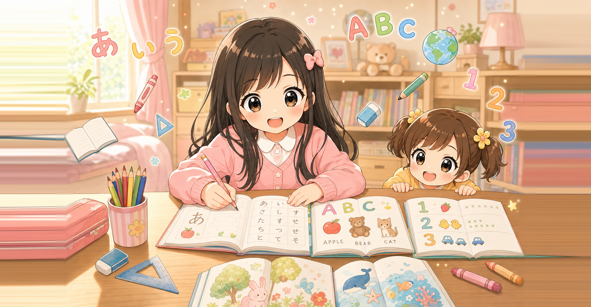 まなびの図鑑カテゴリのアイキャッチ：めいが机で勉強