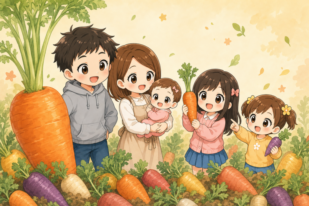 にんじんの秘密：5人家族とカラフルなにんじん（オレンジ・紫・白・黄）