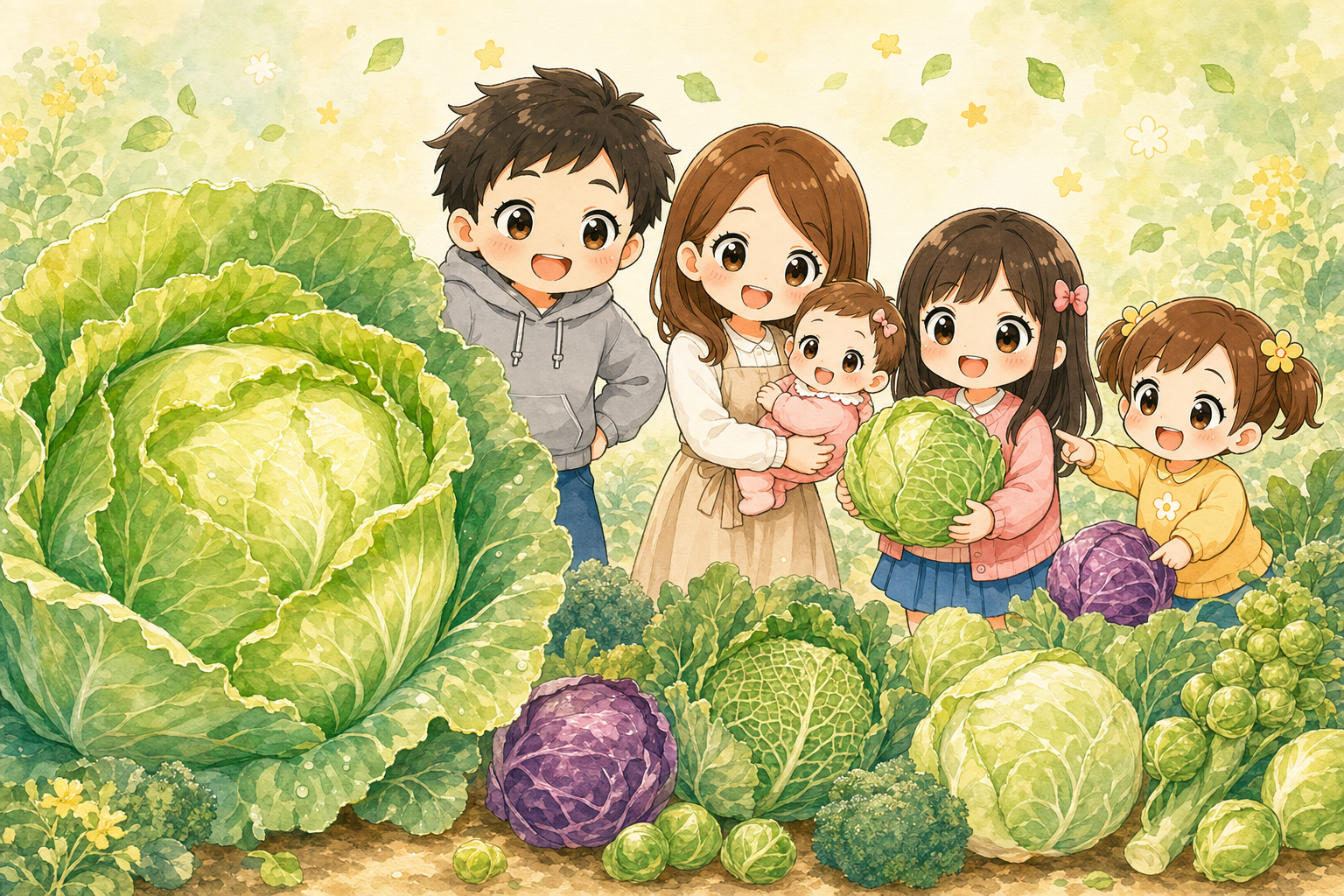 5人家族とカラフルなキャベツ
