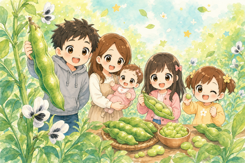 5人家族と初夏のそら豆畑