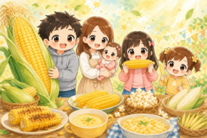 5人家族とカラフルなとうもろこし