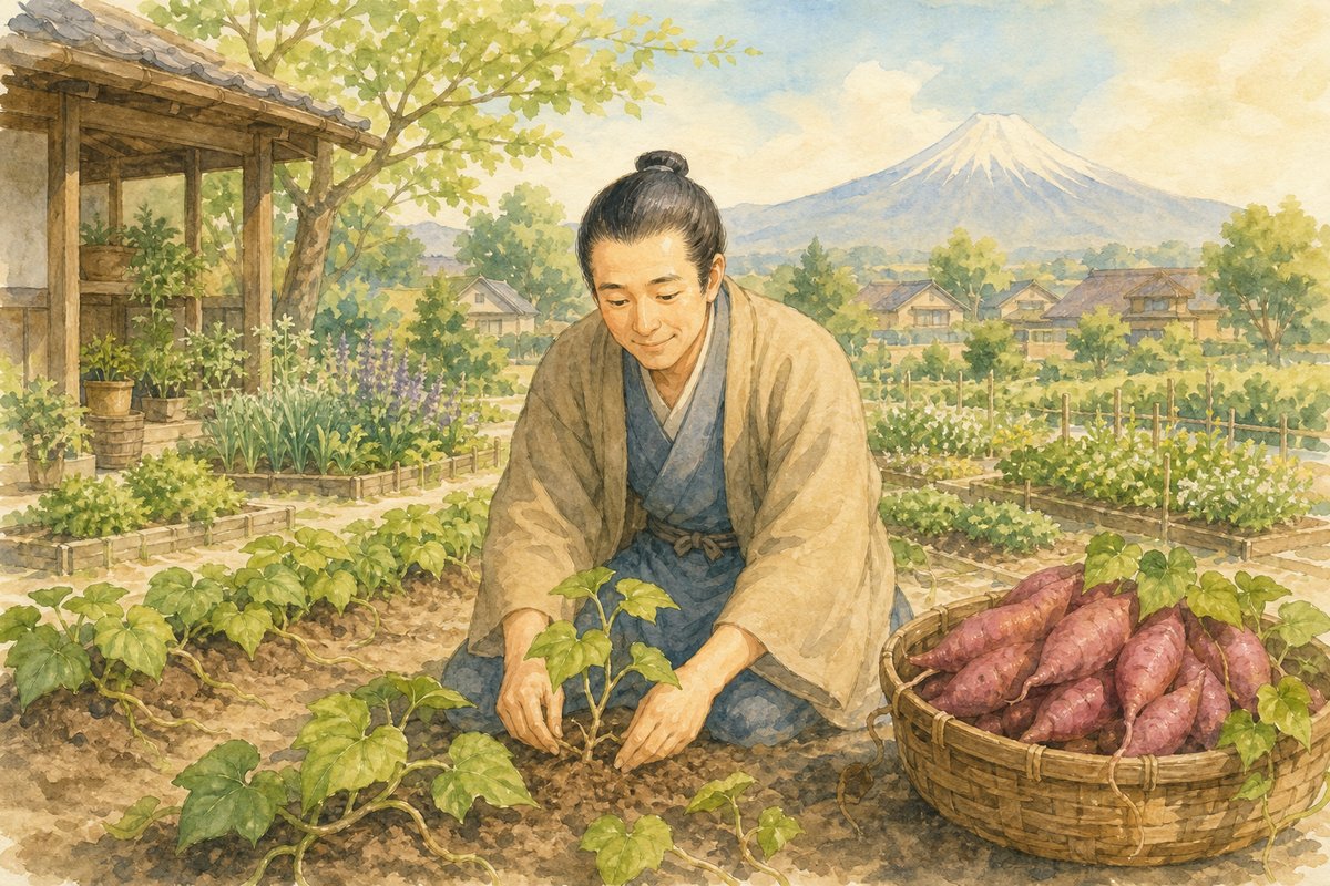 青木昆陽が小石川薬園でさつまいもを育てる江戸時代の場面