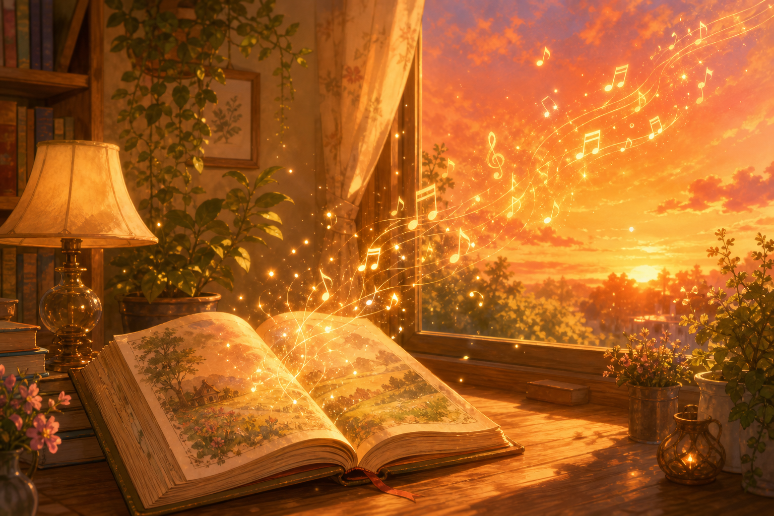 開かれた絵本のページから音符と光が夕焼け空へ舞い上がる