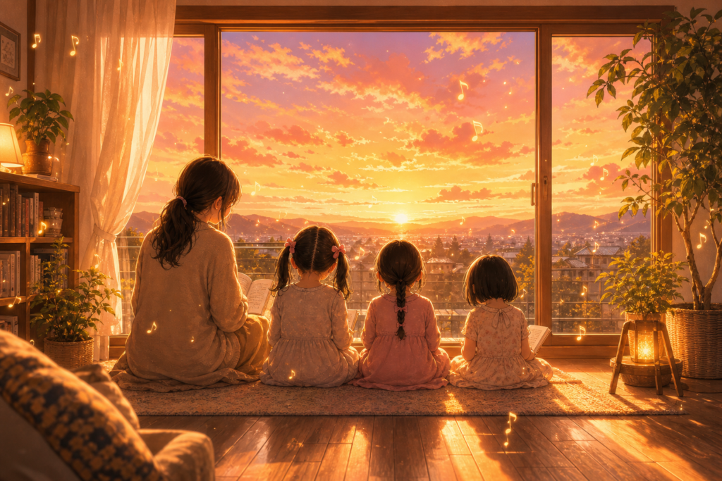 夕暮れの窓辺、母と三姉妹が並んで座り、空に音符の光が舞うリビング