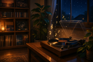 夜のリビング、レコードプレーヤーから音符が浮かぶ温かい音楽空間