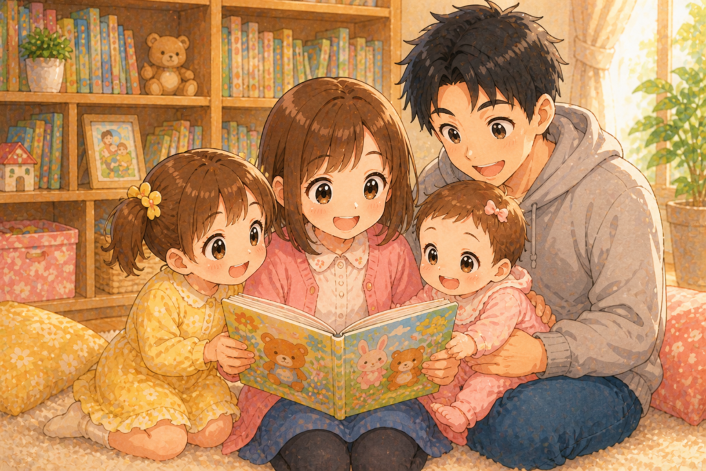 年齢差のある三姉妹（小1・年少・9ヶ月）が同じ絵本を一緒に見て笑っているイラスト
