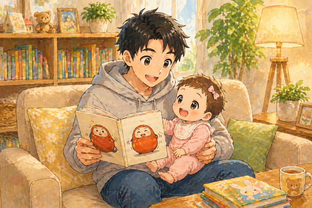 パパが赤ちゃんに「だるまさんが」を読み聞かせている温かいリビングのイラスト