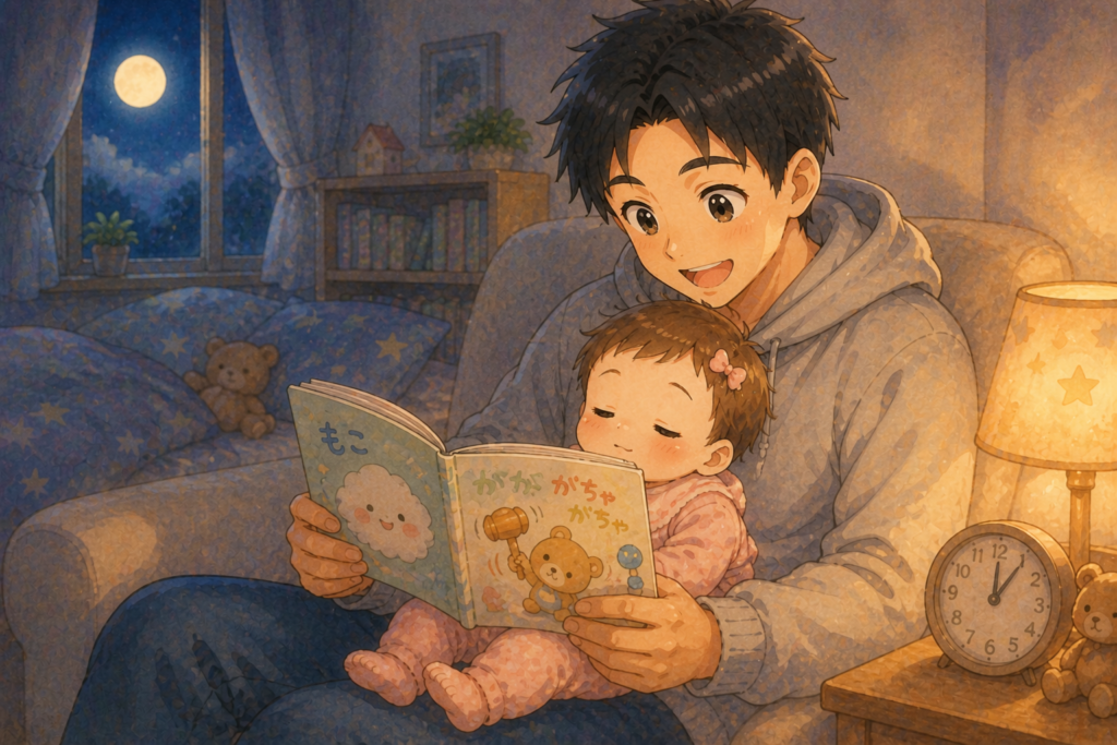 パパが赤ちゃんに3分で読める短い絵本を読み聞かせている、夜の温かいシーンのイラスト