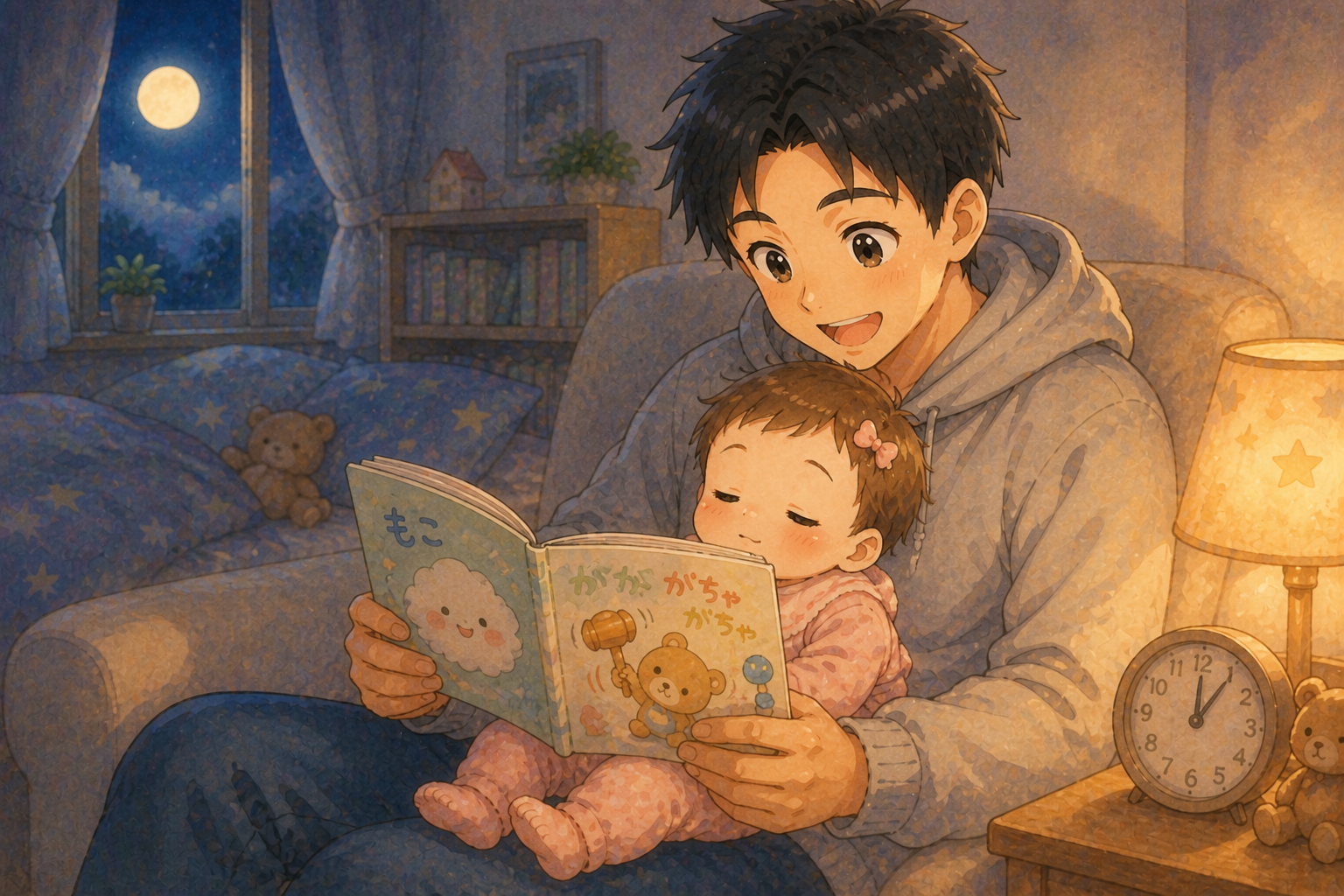 パパが赤ちゃんに3分で読める短い絵本を読み聞かせている、夜の温かいシーンのイラスト